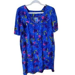 Vintage Womens Mumu Dress Blue & Purple Short Sleeves Pockets XL Housedress